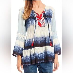 John Mark Blue/White OMBRE TIE DYE STRIPE Artsy Boho TIERED Tunic Top Si…